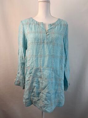 Sharon Young Aqua Blue Embroidered 100% Linen Tunic Top Size Small
